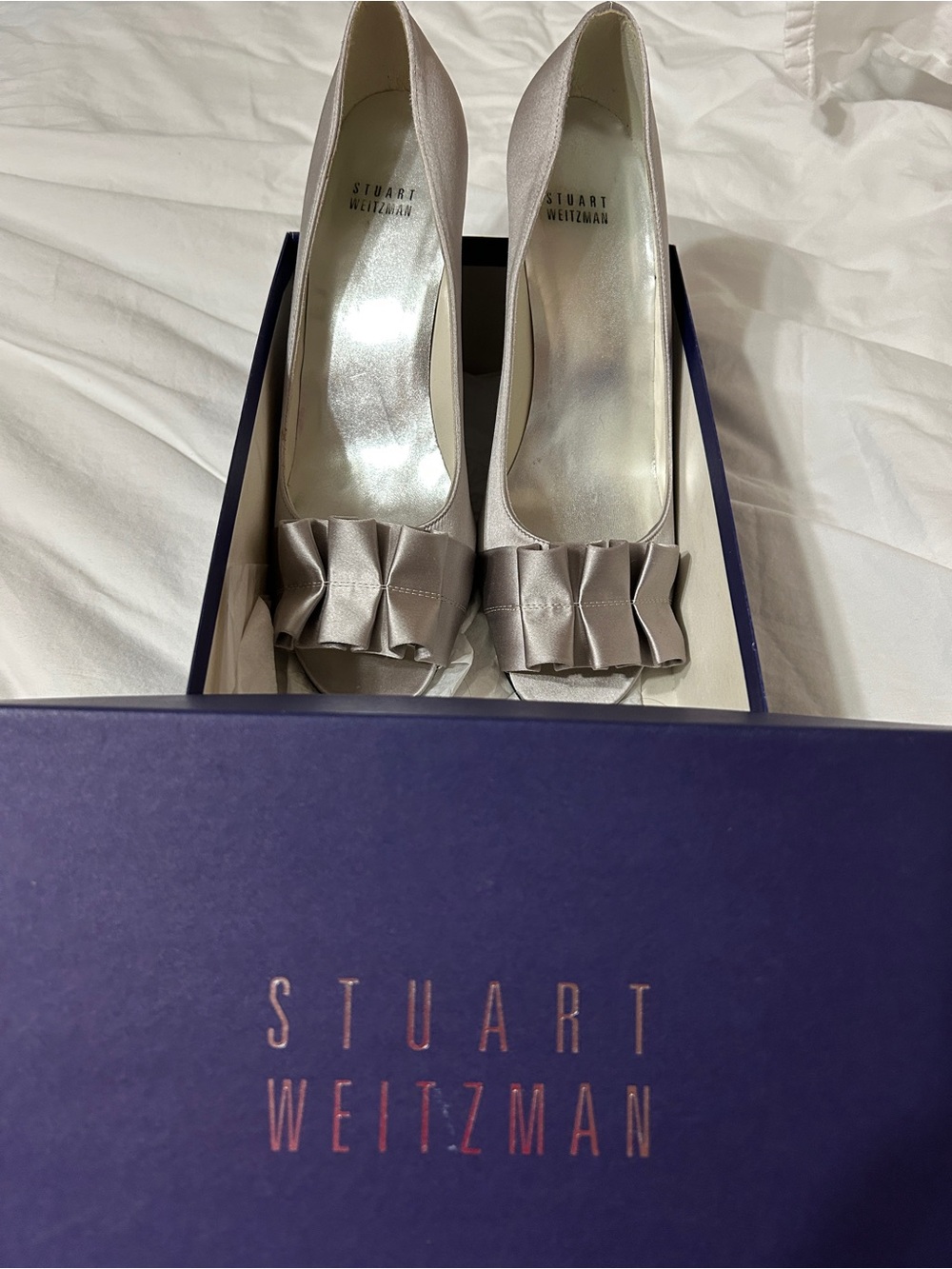Stuart Weitzman Silver Satin Peep-Toe Pumps with Ruffle Accent - Picture 1 of 8